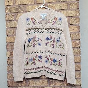 Alfred Dunner Women's Floral Embroidered Full Zip Cardigan Size Petite Large
